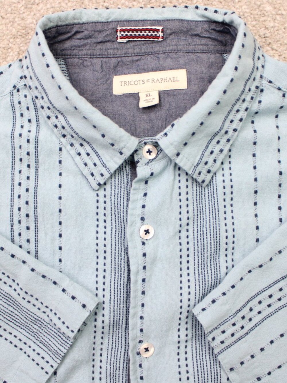 Tricots St.Raphael Shirt Mens XL Blue Geometric 100% Cotton Short Sleeve Button